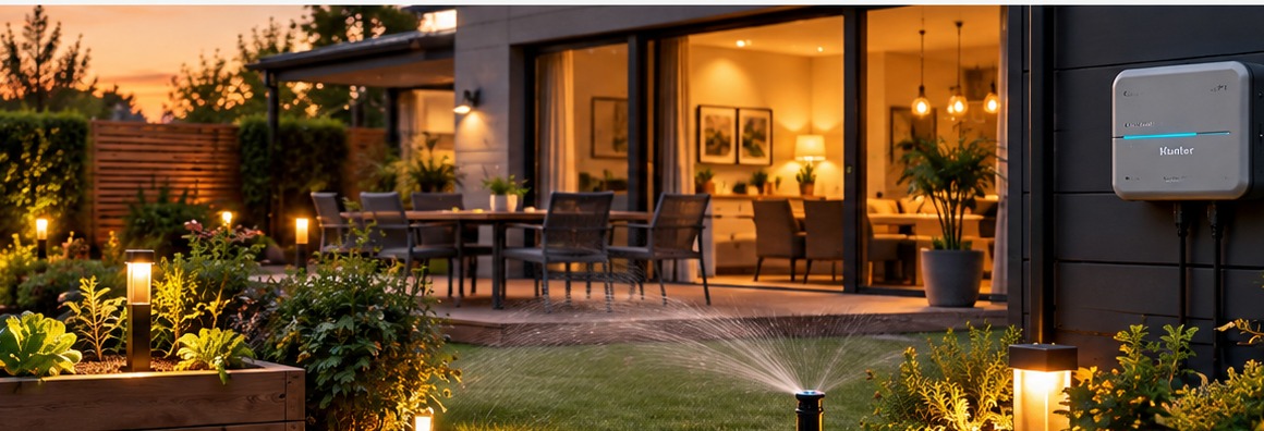Realistic smart garden with automated irrigation and garden lighting